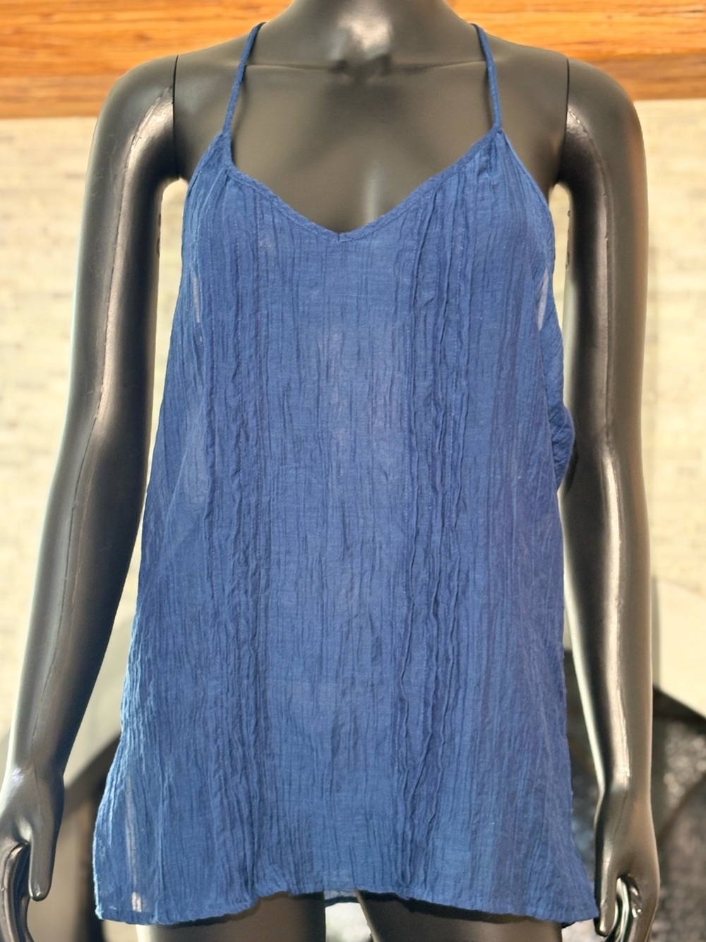 Eyeshadow Blue Boho Crinkle Racerback Tank Top - Size M Crochet Lace Accent